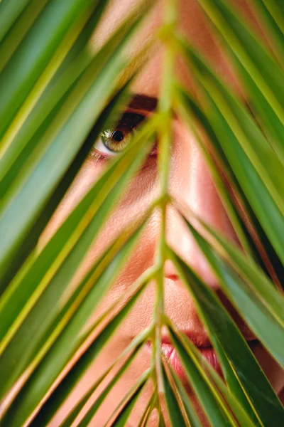 Női zöld szemmel nézegette Pálma levelek — Stock Fotó