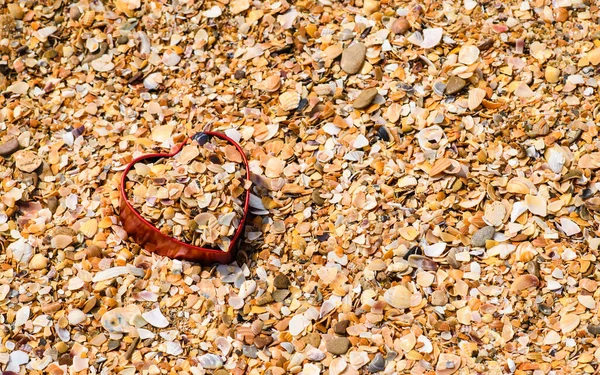 Uma Praia Conchas Uma Caixa Forma Coração Cheia Fragmentos Conchas — Fotografia de Stock