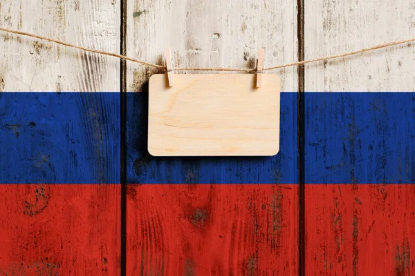 Wooden Plaque Empty Space Text Hangs Background Old Flag Russia — Stock Photo, Image