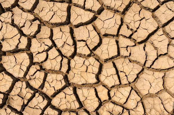 The surface of the earth is cracked from extreme heat and drought. Dry soil texture