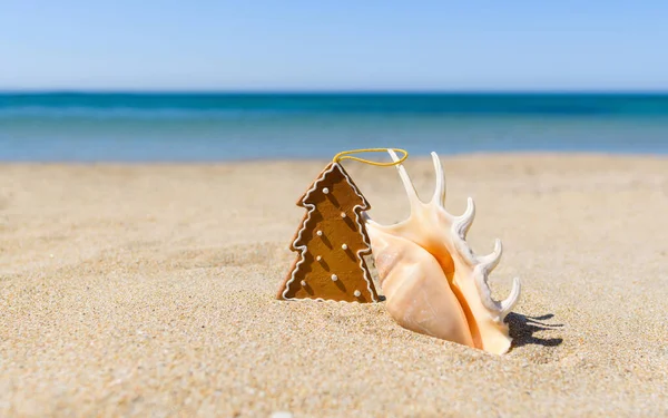 Brinquedo Árvore Natal Gengibre Lado Uma Grande Concha Uma Praia — Fotografia de Stock