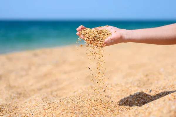 Coarse Sand Shells Pours Out Girl Palm Background Beach Sea Stock Photo
