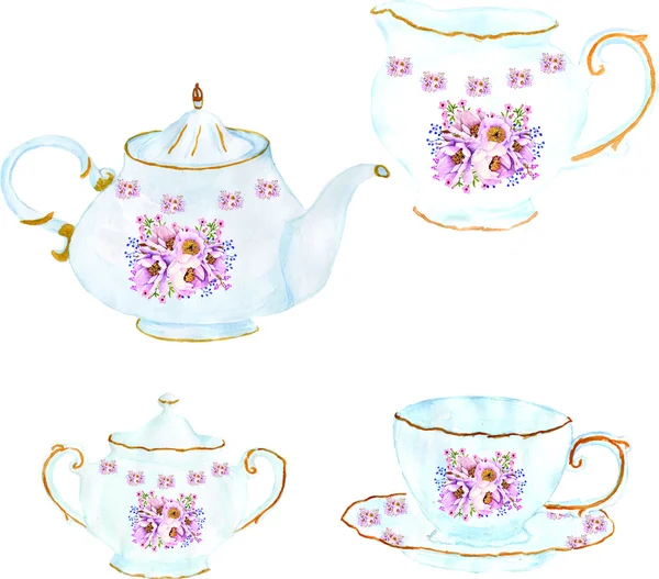 Aquarelle peinte à la main ensemble de thé — Image vectorielle