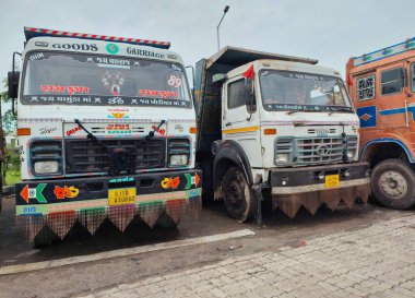 Hindistan 'da yol kenarına park etmiş Hint kamyonları.