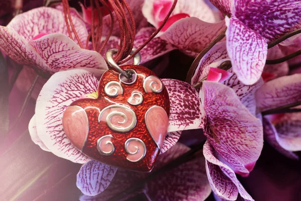 粉色兰花和红心装饰 顶视图 — 图库照片
