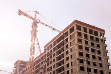 Mavi gökyüzüne karşı inşaat alanında turna ve işçiler.