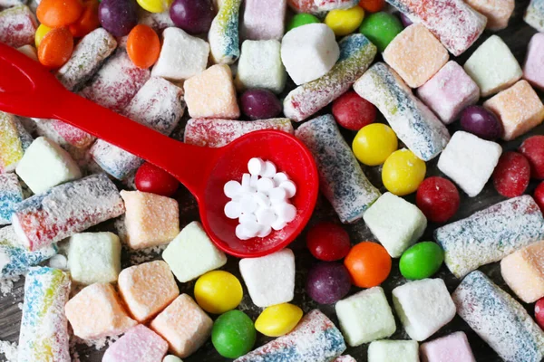 Lahodná Marmeláda Různých Barev Náhražky Cukru Pilulky Sladké Jídlo — Stock fotografie
