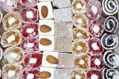 Bir set Türk Lokumu (Lokum), lezzetli renkli gıda, doğal, üst görünüm