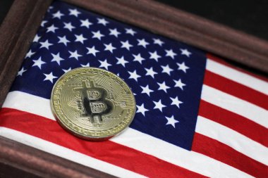 BITCOIN (BTC) kripto para birimi; Amerika Birleşik Devletleri bayrağının arka planında para bitcoin (USA)