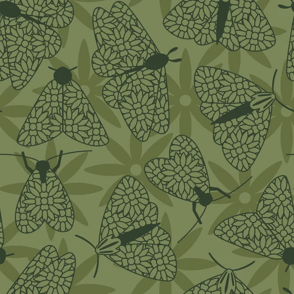 Textur grüne Mottenschmetterlinge nahtloses Muster — Stockvektor
