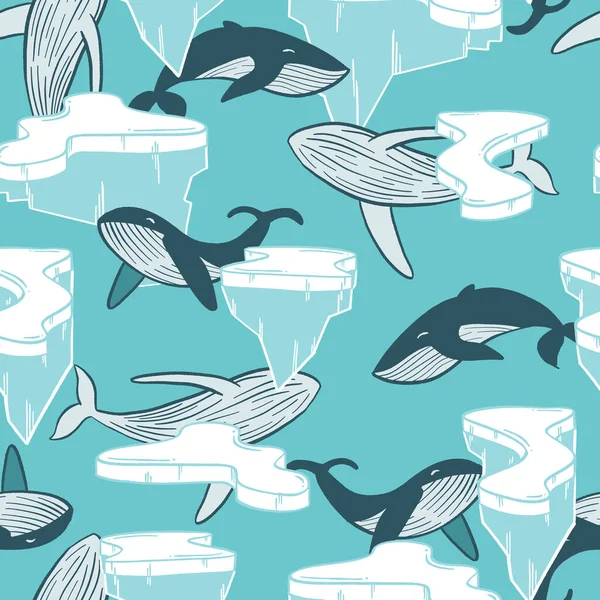寒い海の生地でクジラシームレスパターン印刷冬の背景 — ストックベクタ