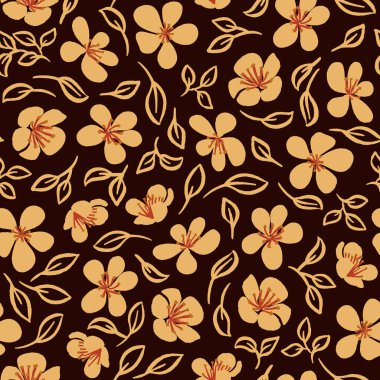 Kahverengi ve sarı retro sonbahar çiçekli desen tekrar kumaş izi arka planı