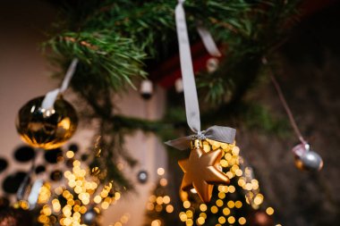 Yılbaşı ağacı ve çelenklerle dolu yeni yıl evi.