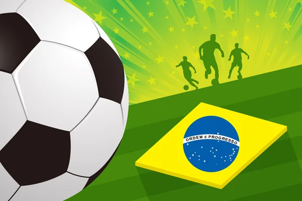 Fondo de fútbol de Brasil - jugador de fútbol y pelota en el campo verde — Vector de stock