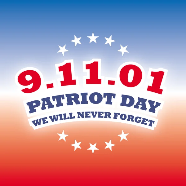 Día del Patriota de América - 11 de septiembre 2001 pancarta sobre fondo rojo y azul — Vector de stock