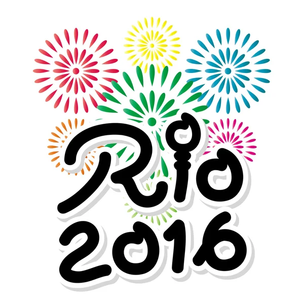 Brasil 2016 Río de Janeiro Bandera de los Juegos Olímpicos con fondo de fuegos artificiales — Archivo Imágenes Vectoriales