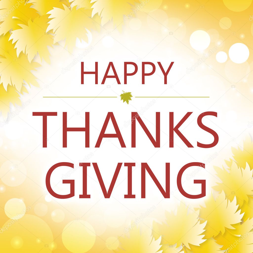 Maple leaves on yellow background with text graphics Happy Thanksgiving card