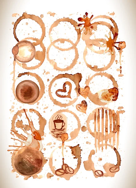 Coffee stains, splashes and harts.  Coffee set. — Stock Vector