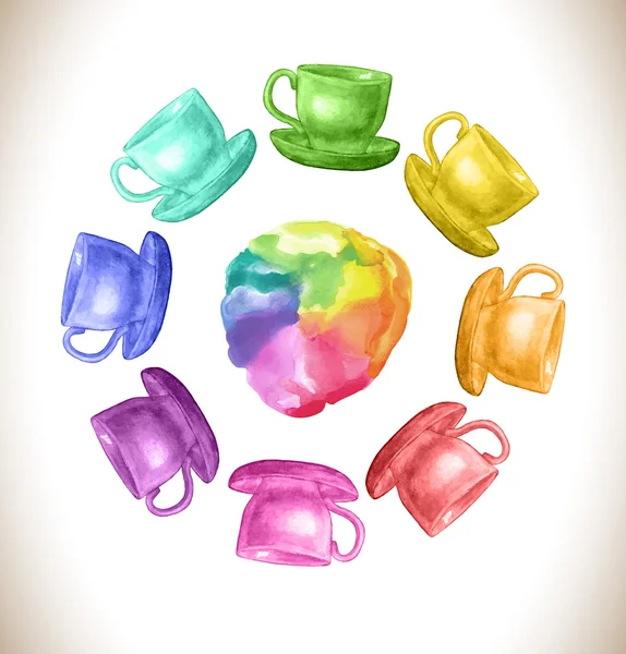 Watercolor rainbow vector frame with cups. — Stock Vector