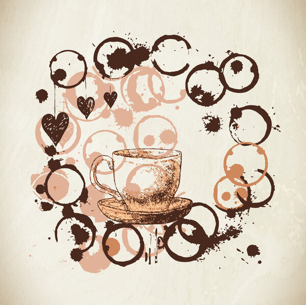 Coffee vector paint cup, splashes and harts