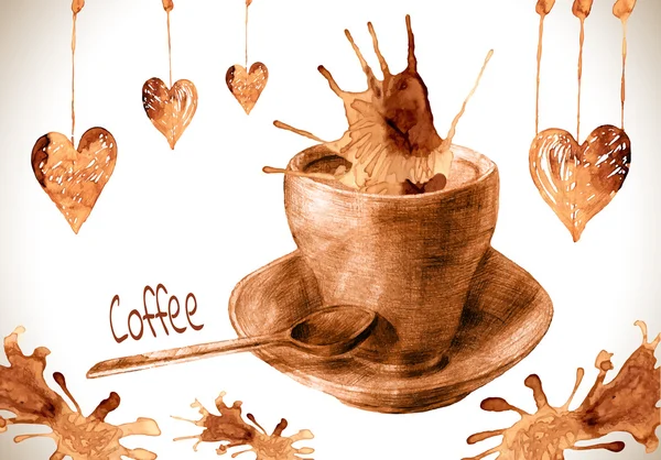 Copa dibujada verter el café con salpicaduras y manchas . — Vector de stock