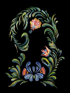 Siyah bir zemin üzerine mavi ve kırmızı çiçekler.