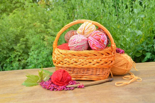 Balles de fils, tricot dans le panier — Photo