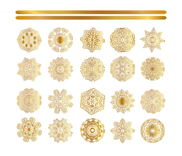 Patrón de oro oriental. Set de copos de nieve dorados — Vector de stock
