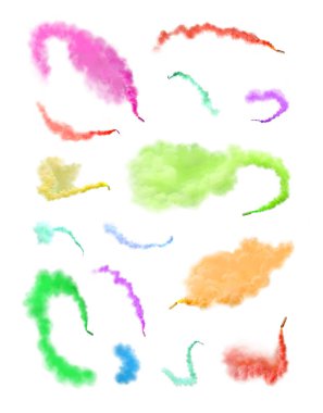 Duman beyaz arka planda izole edildi. Protesto ya da festivalde sis bombası. Tasarım için soyut çok renkli duman elementleri.