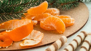 Tahta bir tahtanın üzerinde temizlenmiş mandallar ve çam dalları. Noel havası.