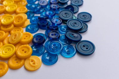 Düğme arkaplanı. Beyaz arka planda mavi ve sarı düğmeler. Aksesuarlar dikiliyor.