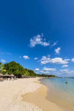Mauritius plaj şemsiyeleri, thatch. Tropikal Mauritius Adası su ve beach resort, Turtle Körfezi - yün