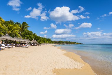 Mauritius plaj şemsiyeleri, thatch. Tropikal Mauritius Adası su ve beach resort, Turtle Körfezi - yün