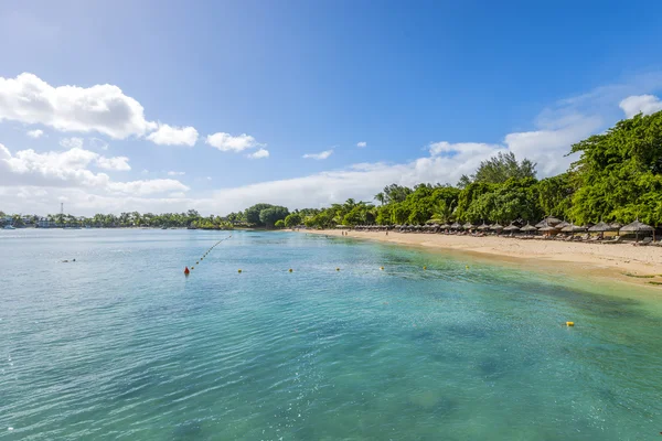 Sombrillas de Mauricio, paja. Isla Mauricio tropical centro turístico de agua y playa, Tortuga Bay - Balaclava — Foto de Stock