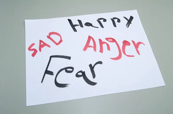 İnsan duygularını keşfederek mutluluk öfke ve korku zihinsel sağlık farkındalığı ve duygusal refah kavramları için kağıda elle yazılmış.