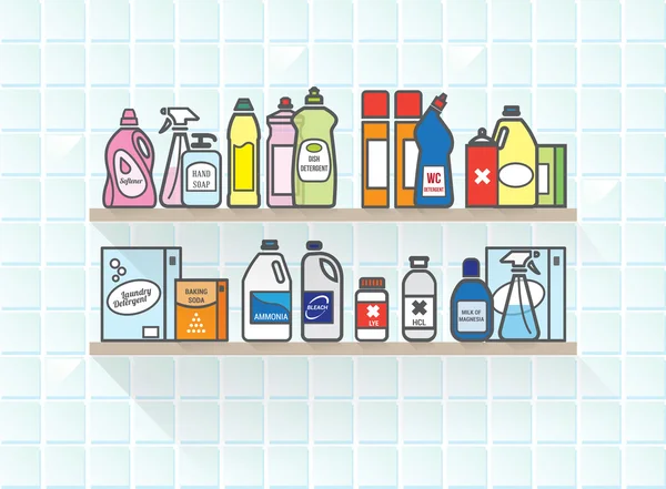 Detergentia ingesteld op badkamer plank — Stockvector