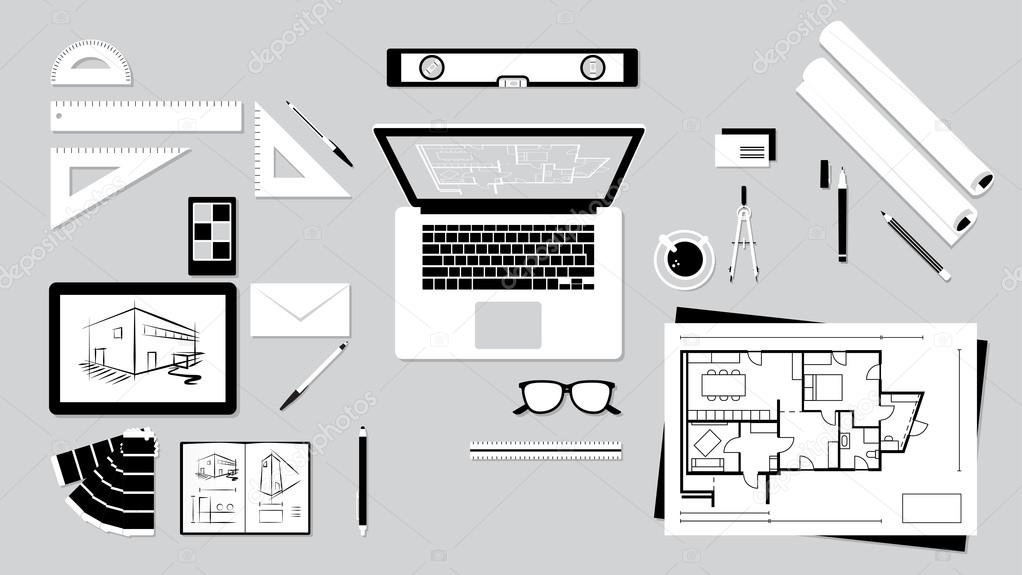 Architect and designer desk — Stock Vector © elenabs #102247960 Architect and designer desk — Stock Vector © elenabs #102247960
