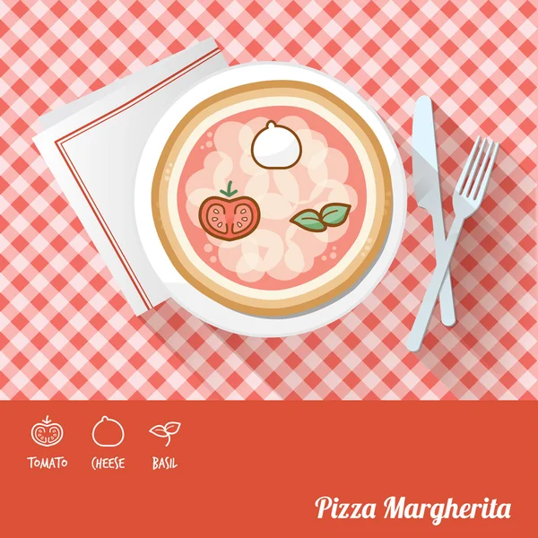 Pizza on a dish with icon ingredients — Stock Vector