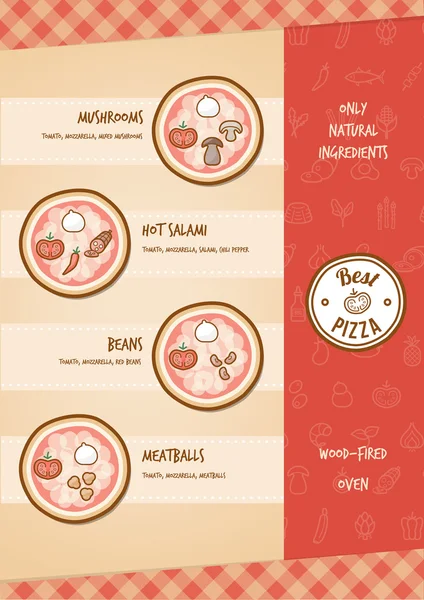 Menú de pizza con diferentes ingredientes — Vector de stock