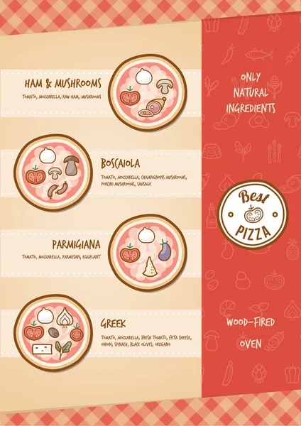 Pizza menu s různými náplněmi — Stockový vektor