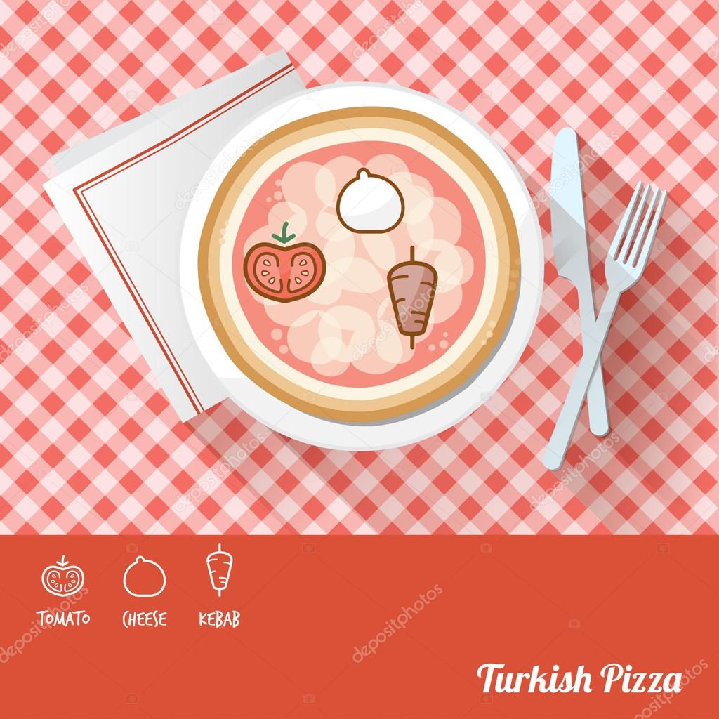 Pizza on a dish with icon ingredients
