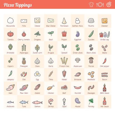 Pizza geleneksel Topingler çeşitli Icons set 