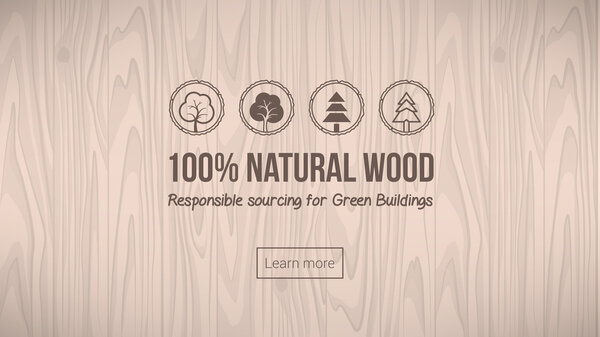 Natural wood banner with textured background and icons set