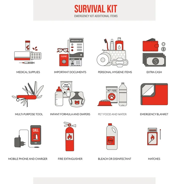 Kit de emergência de sobrevivência para evacuação — Vetor de Stock