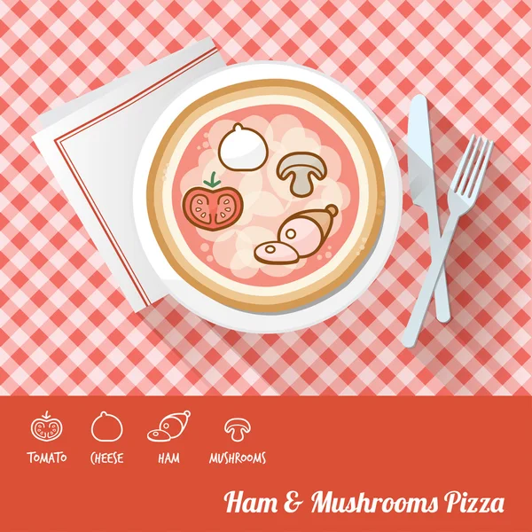 Ham pizza on a dish — Stock Vector
