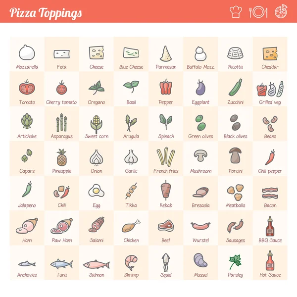 Pizza toppings tradicionais conjunto de ícones variedade — Vetor de Stock