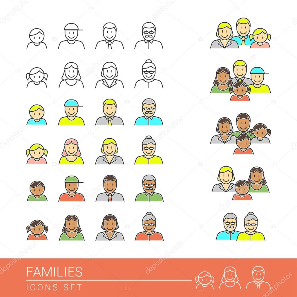 People and families flat icons set