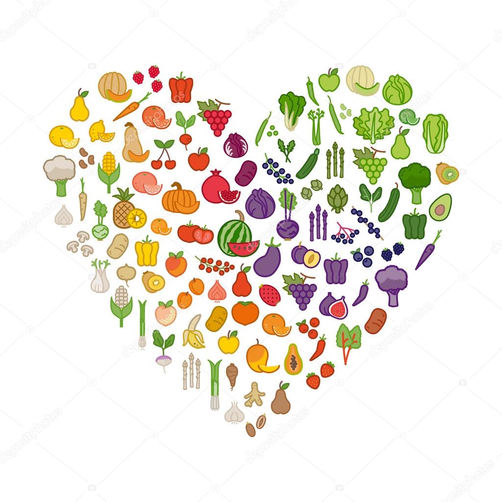 Vegetables and fruits in a heart shape