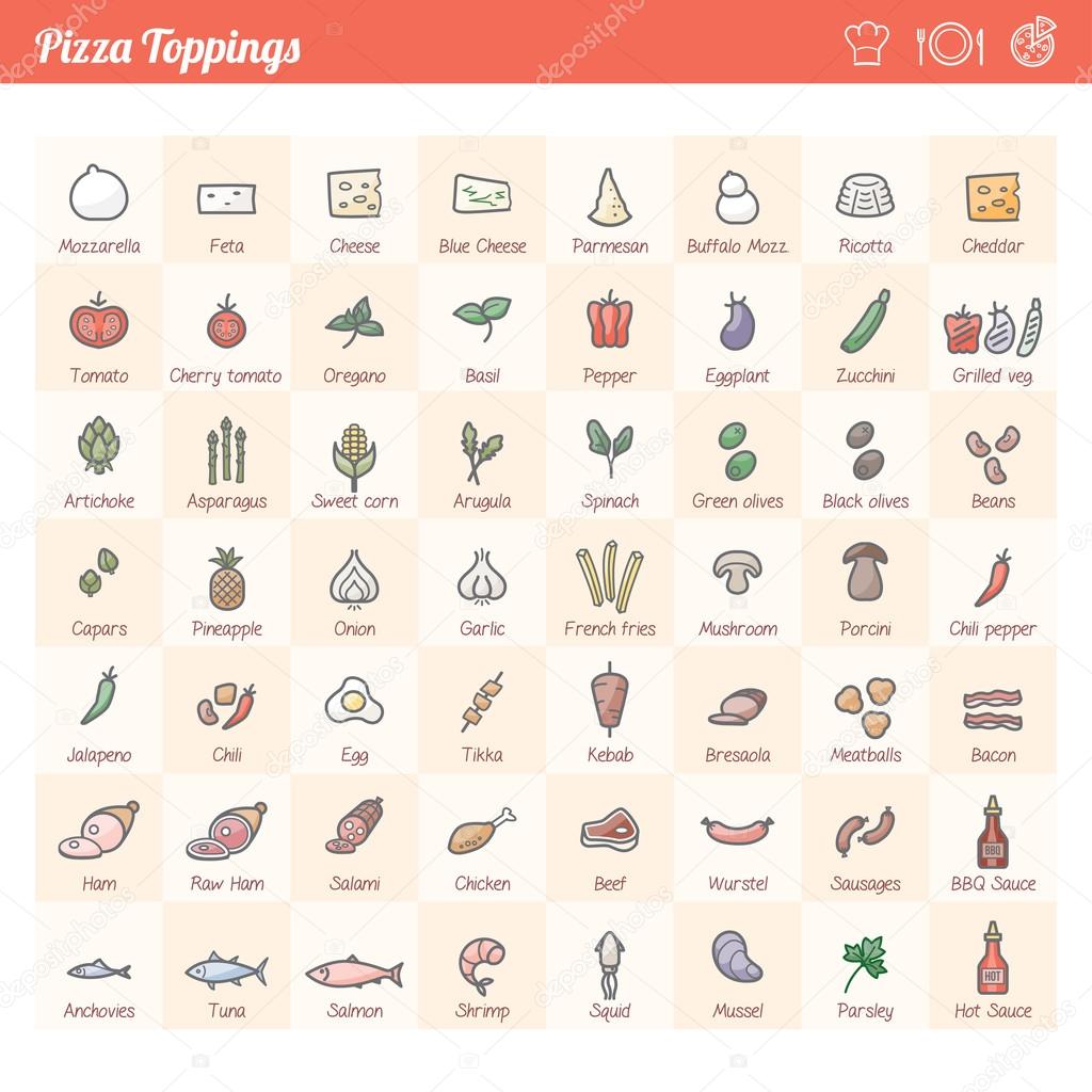 Pizza traditional toppings variety icons set 