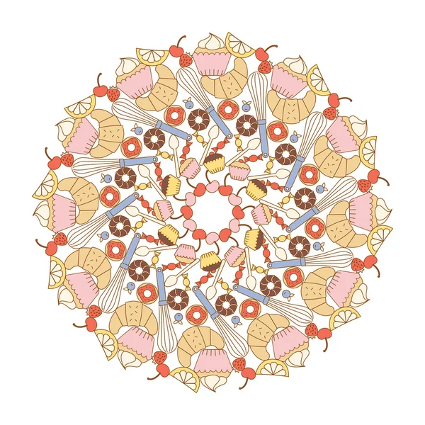 Süßigkeiten und Backmandala mit verschiedenen Desserts und Haushaltsgeräten — Stockvektor